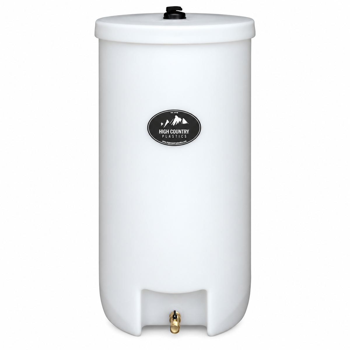 High Country Plastics RB-35 round barrel water caddy, 35 gallon translucent tank with a shut off valve