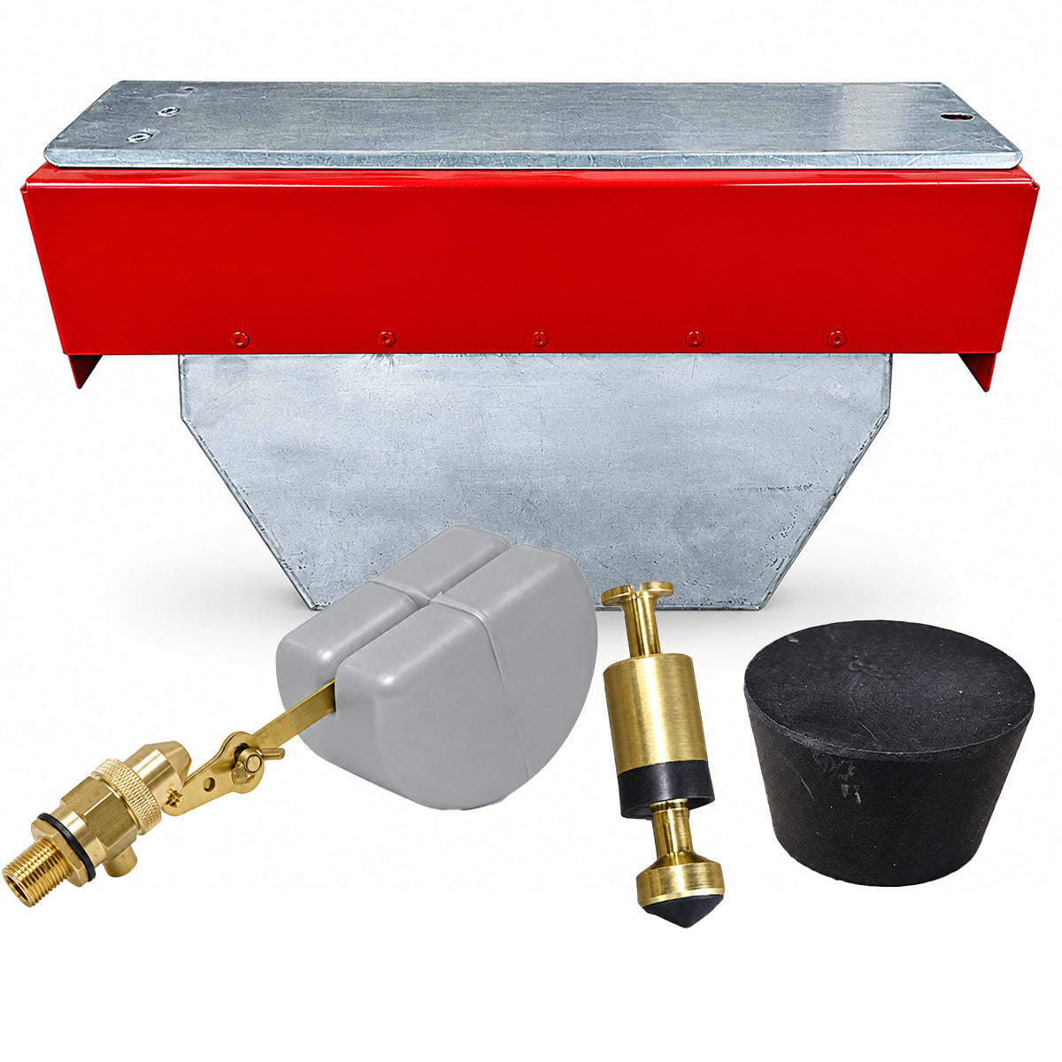Hoskins waterer replacement parts, brass Bob valve with grey float, plunger and rubber stopper