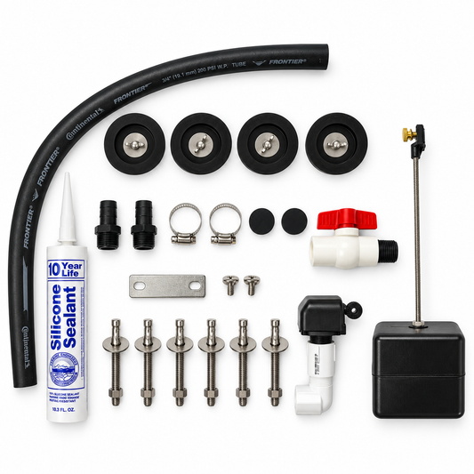 Miraco parts bag 165 laid out, valve assembly, float assembly, silicone, drain plug and anchor hardware for the BIGspring 6200, 6300 and 6400 waterers