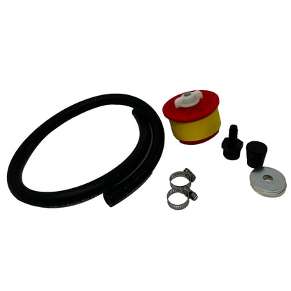 Set of mechanical parts including a black belt, red and yellow filter, and various connectors on a white background.