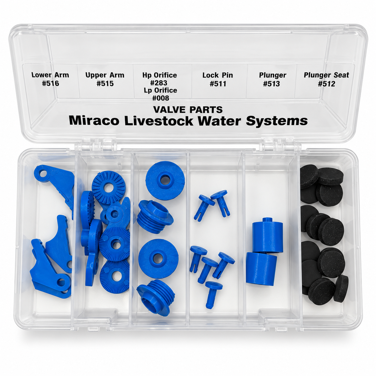 Miraco 186 blue 521B valve repair kit, all kit parts and components laid out