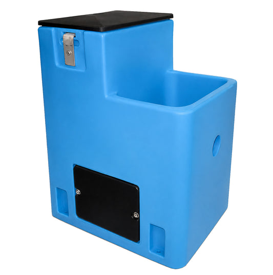 Miraco LilSpring 2800 single trough automatic waterer in blue, energy free livestock waterer with black valve compartment lid