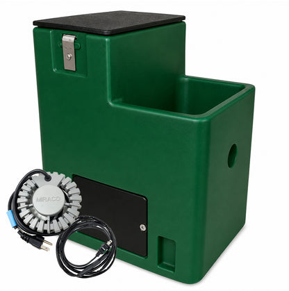 Miraco LilSpring 2801 heated single trough automatic waterer in green, shown with the 290 watt immersion heater and self regulating heat cable