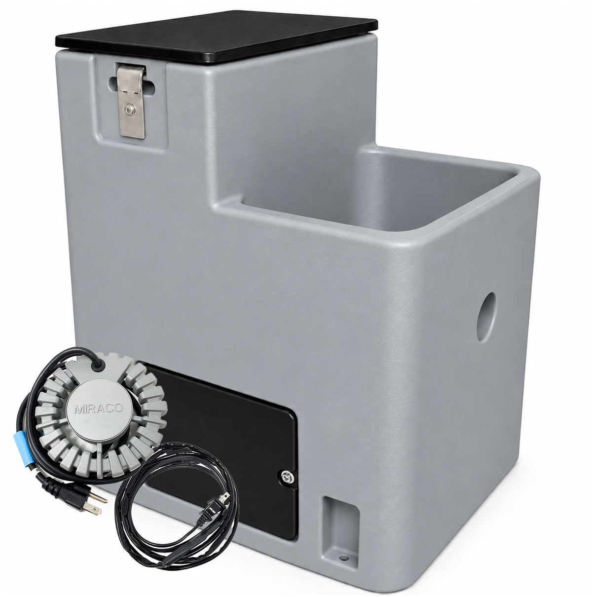 Miraco LilSpring 2801 heated single trough automatic waterer in grey, shown with the 290 watt immersion heater and self regulating heat cable