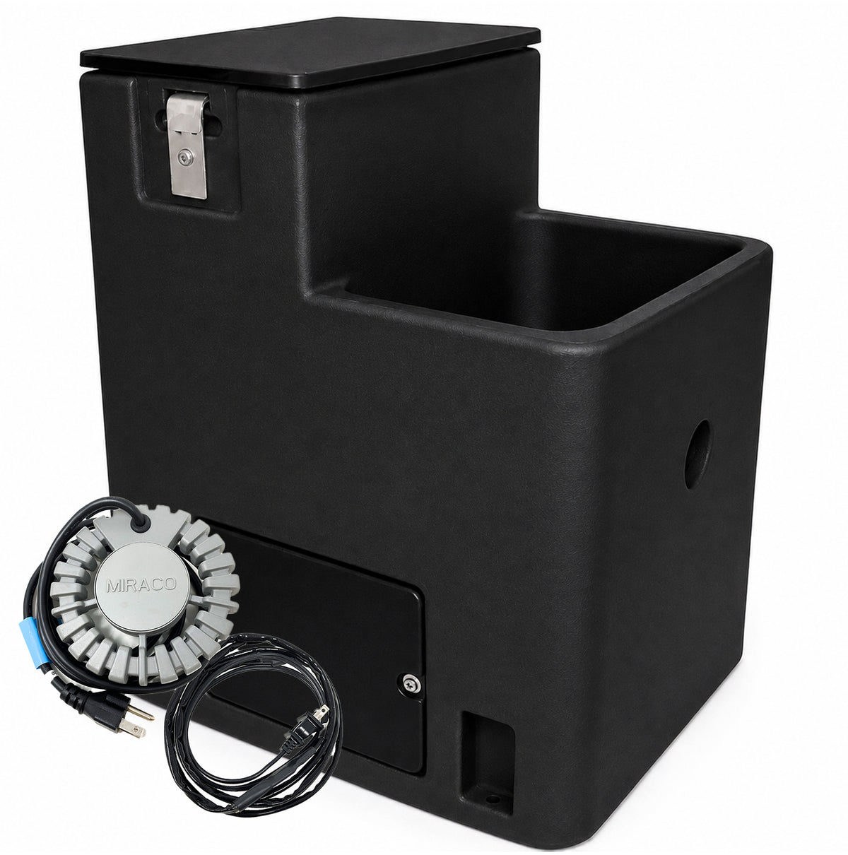 Miraco LilSpring 2801 heated single trough automatic waterer in black, shown with the 290 watt immersion heater and self regulating heat cable