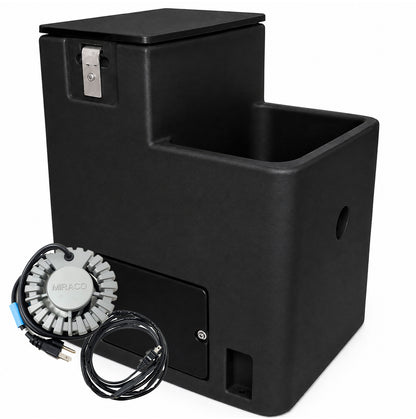 Miraco LilSpring 2801 heated single trough automatic waterer in black, shown with the 290 watt immersion heater and self regulating heat cable