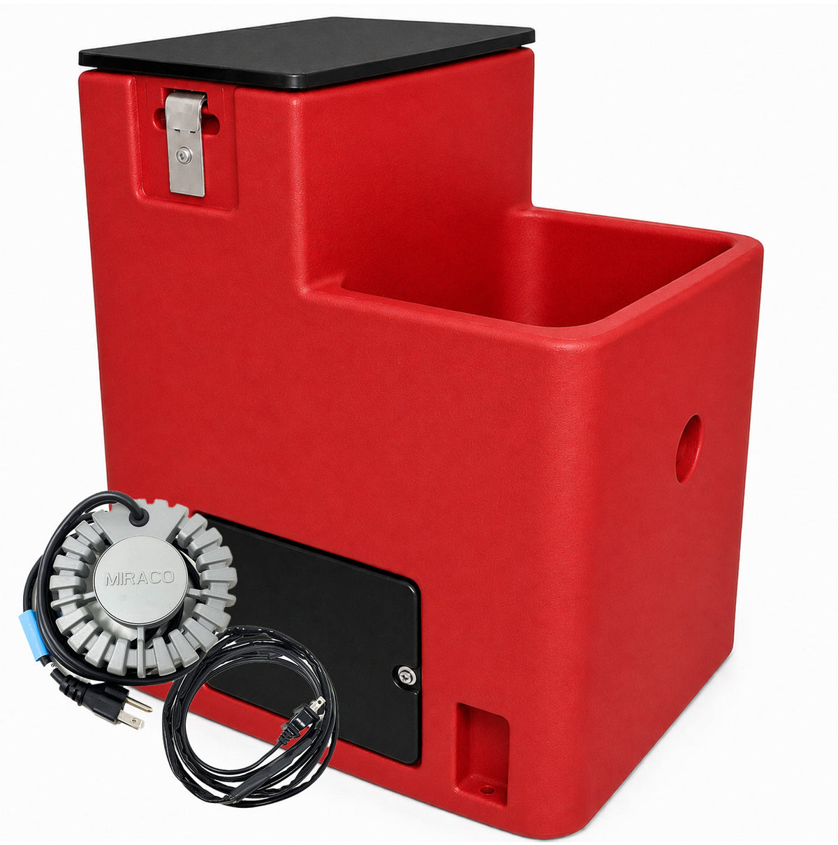 Miraco LilSpring 2801 heated single trough automatic waterer in red, shown with the 290 watt immersion heater and self regulating heat cable