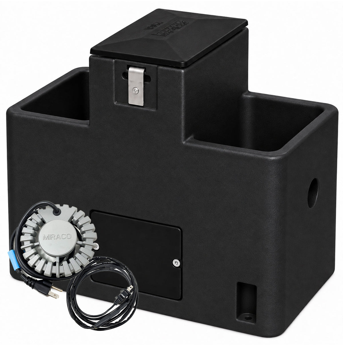 Miraco LilSpring 2901 heated two trough automatic waterer in black, shown with the 290 watt immersion heater and self regulating heat cable