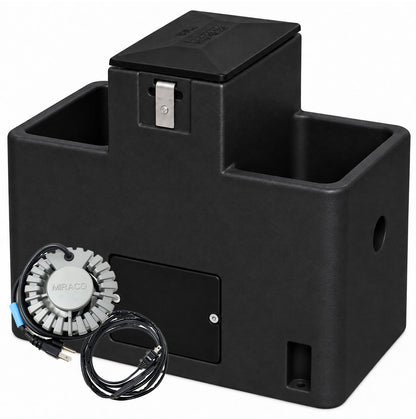Miraco LilSpring 2901 heated two trough automatic waterer in black, shown with the 290 watt immersion heater and self regulating heat cable