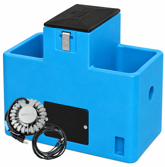 Miraco LilSpring 2901 heated two trough automatic waterer in blue, shown with the 290 watt immersion heater and self regulating heat cable