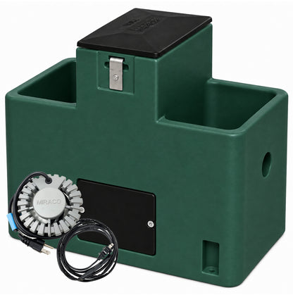 Miraco LilSpring 2901 heated two trough automatic waterer in green, shown with the 290 watt immersion heater and self regulating heat cable