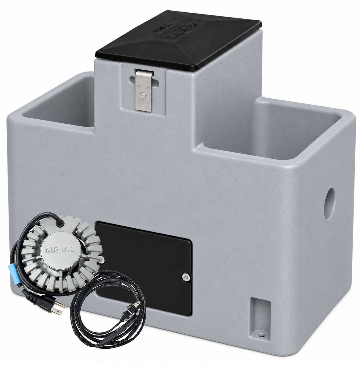 Miraco LilSpring 2901 heated two trough automatic waterer in grey, shown with the 290 watt immersion heater and self regulating heat cable