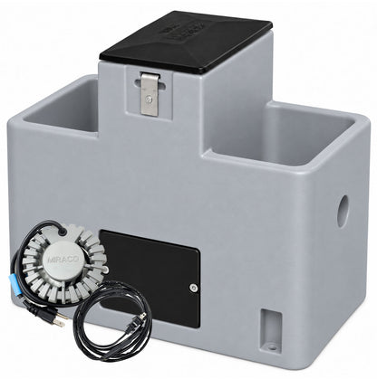 Miraco LilSpring 2901 heated two trough automatic waterer in grey, shown with the 290 watt immersion heater and self regulating heat cable