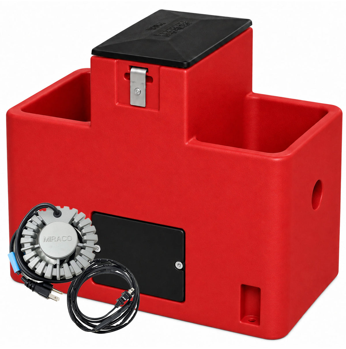 Miraco LilSpring 2901 heated two trough automatic waterer in red, shown with the 290 watt immersion heater and self regulating heat cable