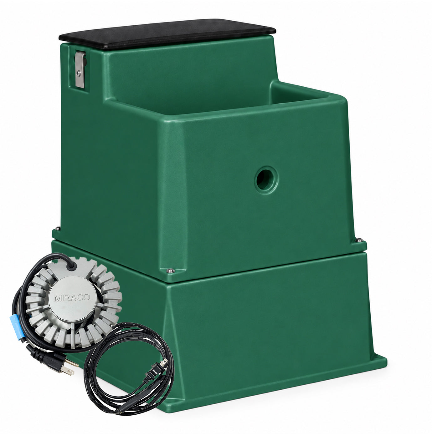 Miraco LilSpring 3000 automatic waterer with the 3002 extension base in green, shown with the 290 watt immersion heater and self regulating heat cable