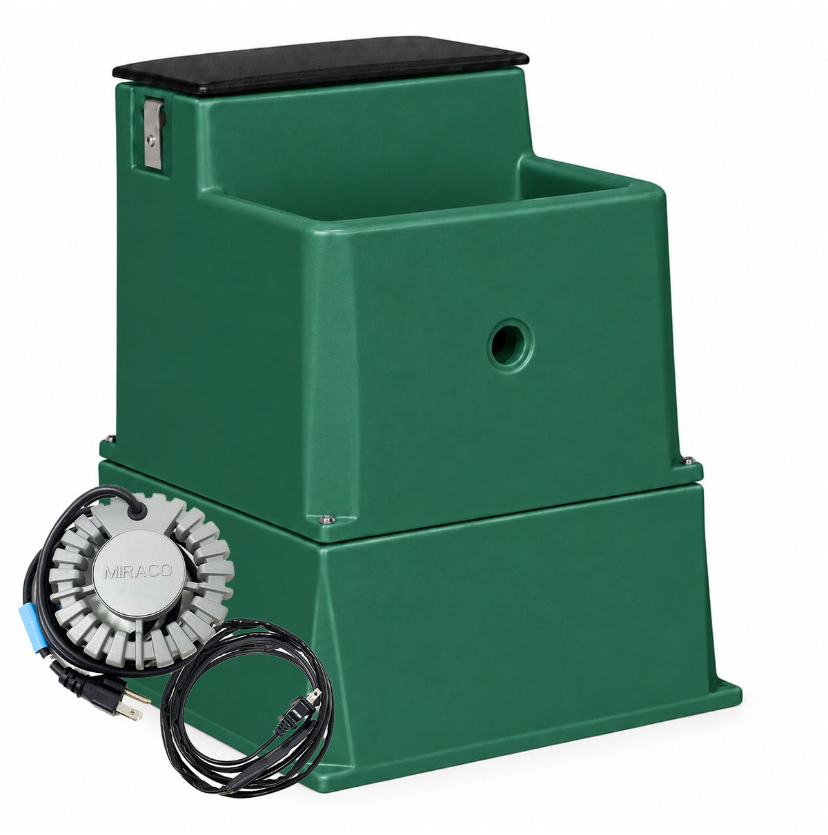 Miraco LilSpring 3000 automatic waterer with the 3002 extension base in green, shown with the 290 watt immersion heater and self regulating heat cable