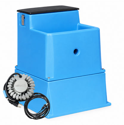 Miraco LilSpring 3000 automatic waterer with the 3002 extension base in blue, shown with the 290 watt immersion heater and self regulating heat cable
