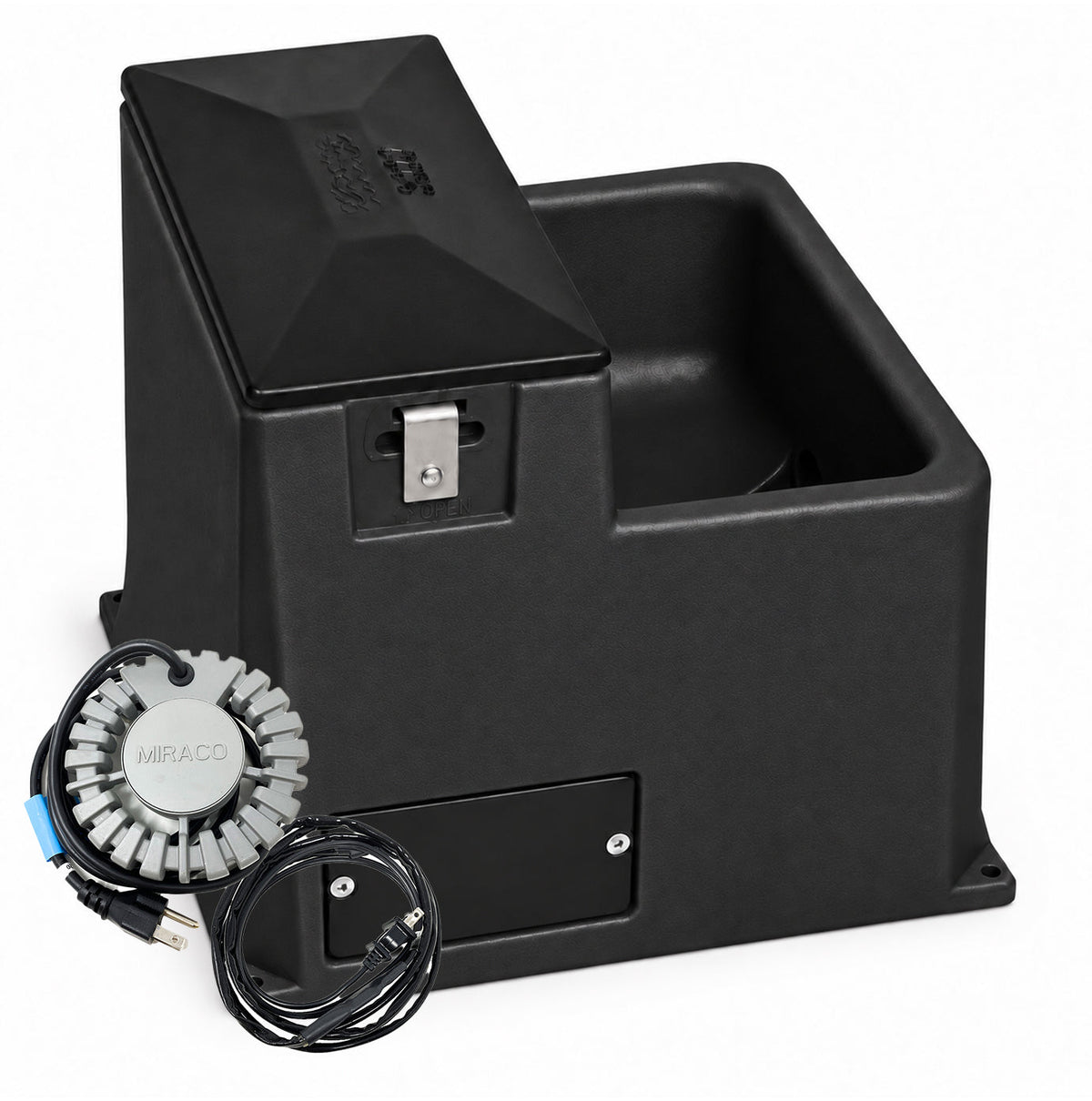 Miraco LilSpring 3001 heated automatic waterer in black, shown with the 290 watt immersion heater and self regulating heat cable