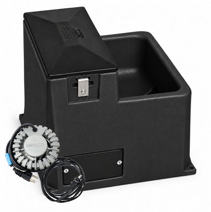 Miraco LilSpring 3001 heated automatic waterer in black, shown with the 290 watt immersion heater and self regulating heat cable