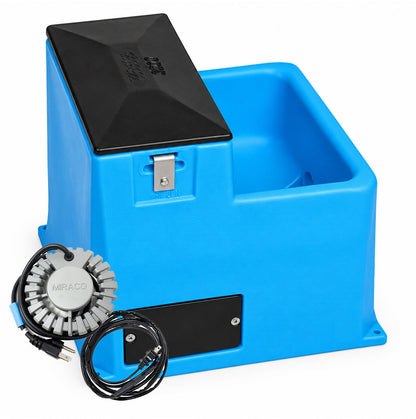 Miraco LilSpring 3001 heated automatic waterer in blue, shown with the 290 watt immersion heater and self regulating heat cable