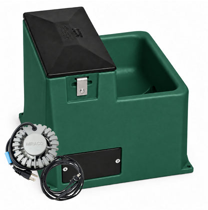 Miraco LilSpring 3001 heated automatic waterer in green, shown with the 290 watt immersion heater and self regulating heat cable