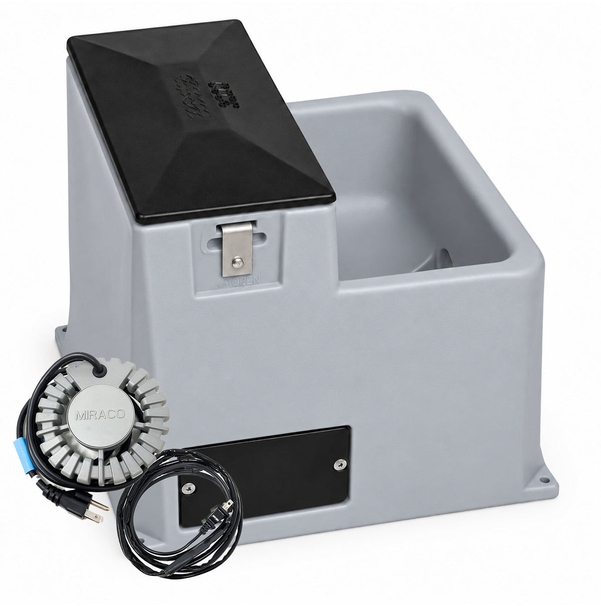 Miraco LilSpring 3001 heated automatic waterer in grey, shown with the 290 watt immersion heater and self regulating heat cable