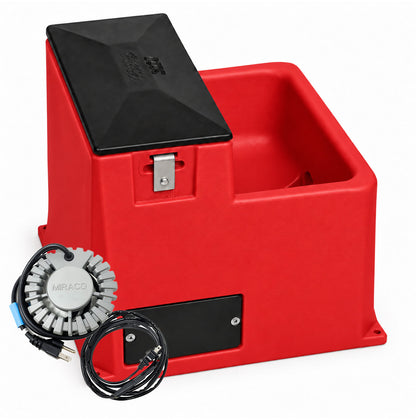 Miraco LilSpring 3001 heated automatic waterer in red, shown with the 290 watt immersion heater and self regulating heat cable