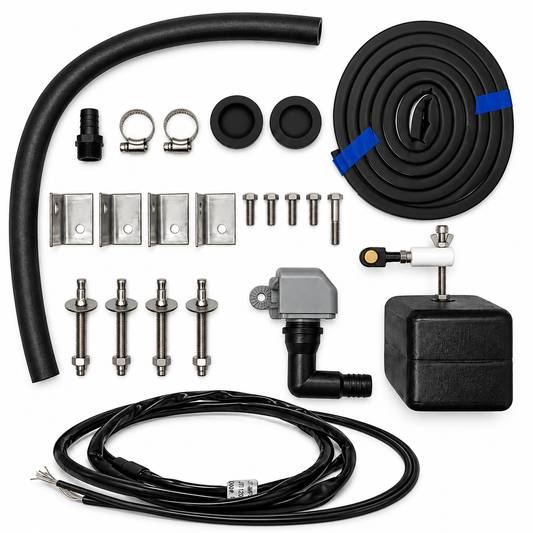 Miraco 3330E parts bag 452-5 contents laid out, valve assembly, float assembly, bottom gasket, anchor bolts, clips and drain plugs