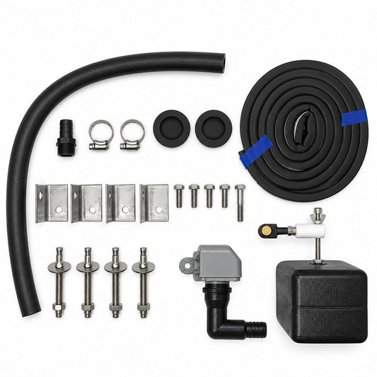Miraco 3330 parts bag 452 contents laid out, valve assembly, float assembly, bottom gasket, anchor bolts, clips and drain plugs