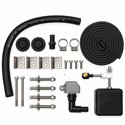 Miraco 3390 parts bag 694 contents laid out, valve assembly, float assembly, bottom gasket, anchor bolts, clips and drain plugs
