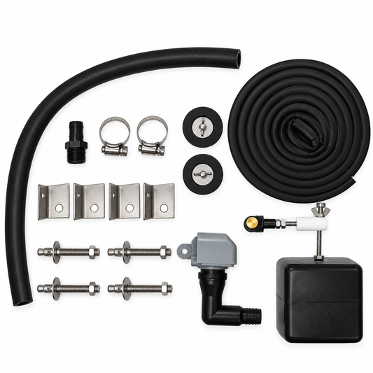 Miraco 3410-4 parts bag 842 contents laid out, valve assembly, float assembly, bottom gasket, anchor bolts, clips and drain plugs