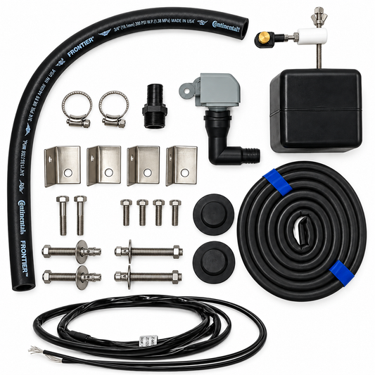 Miraco 3465E parts bag 459-5 contents laid out, valve assembly, float assembly, bottom gasket, anchor bolts, clips and drain plugs