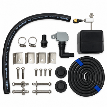 Miraco 3465 parts bag 459 contents laid out, valve assembly, float assembly, bottom gasket, anchor bolts, clips and drain plugs