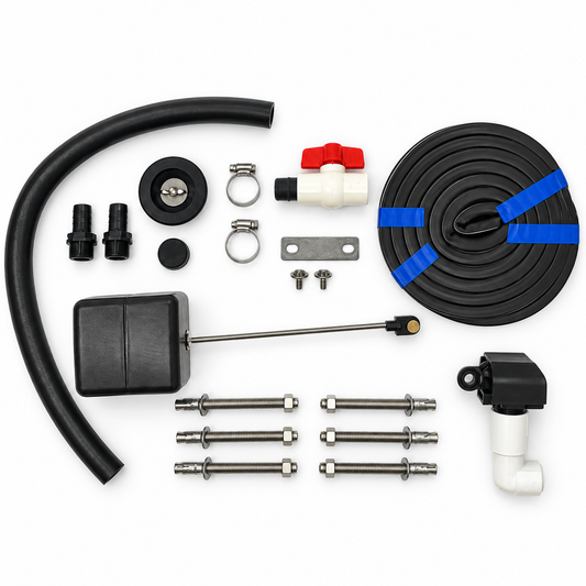 Miraco 6100 parts bag 243 laid out, the valve assembly, float assembly, bottom gasket, drain plug and anchor hardware packed in the kit