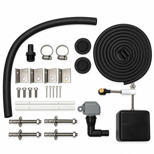 Miraco 3354-S parts bag 653 contents laid out, valve assembly, float assembly, bottom gasket, anchor bolts, clips and drain plugs