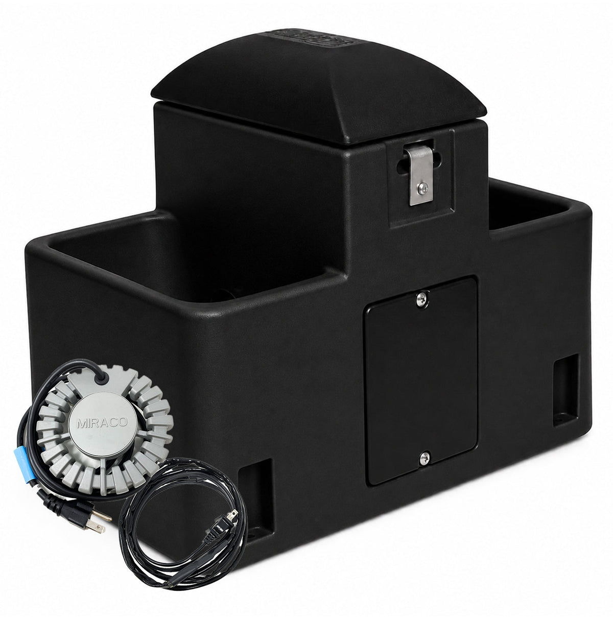 Miraco LilSpring 2700 heated goat and sheep waterer in black, shown with the 290 watt immersion heater and self regulating heat cable