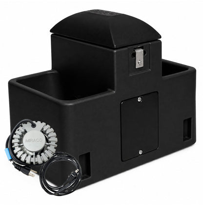 Miraco LilSpring 2700 heated goat and sheep waterer in black, shown with the 290 watt immersion heater and self regulating heat cable