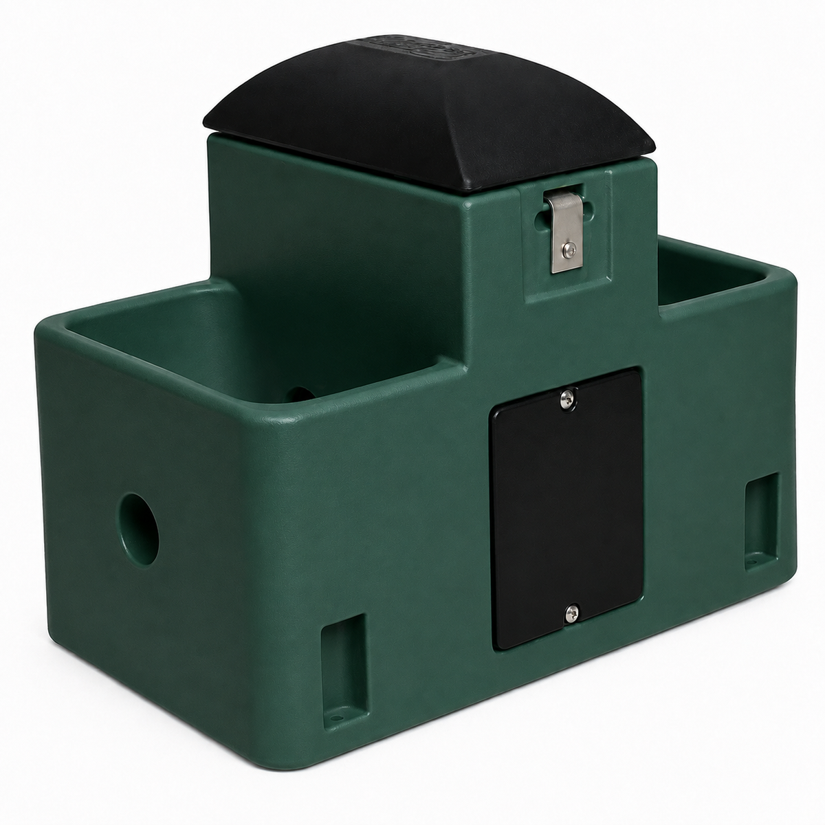 Miraco LilSpring 2700 goat and sheep waterer in green, two trough energy free automatic waterer with black valve compartment lid