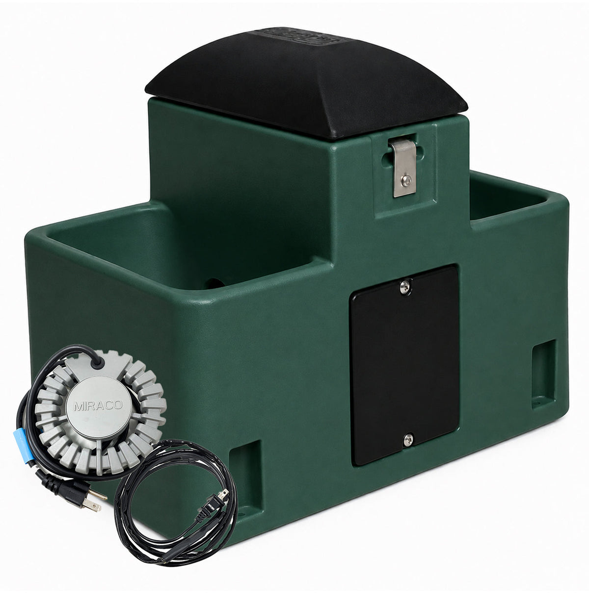 Miraco LilSpring 2700 heated goat and sheep waterer in green, shown with the 290 watt immersion heater and self regulating heat cable