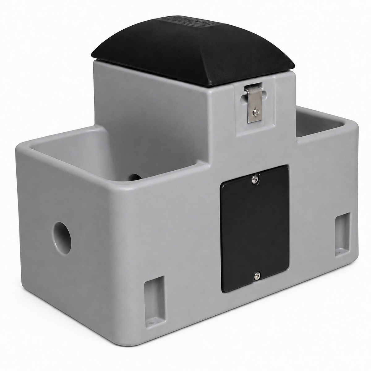 Miraco LilSpring 2700 goat and sheep waterer in grey, two trough energy free automatic waterer with black valve compartment lid