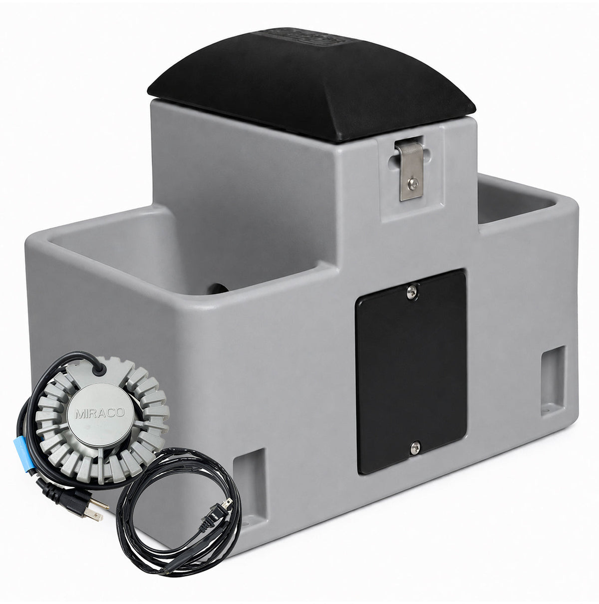 Miraco LilSpring 2700 heated goat and sheep waterer in grey, shown with the 290 watt immersion heater and self regulating heat cable