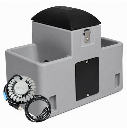 Miraco LilSpring 2700 heated goat and sheep waterer in grey, shown with the 290 watt immersion heater and self regulating heat cable