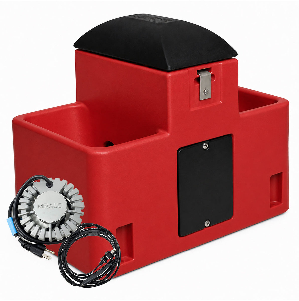 Miraco LilSpring 2700 heated goat and sheep waterer in red, shown with the 290 watt immersion heater and self regulating heat cable
