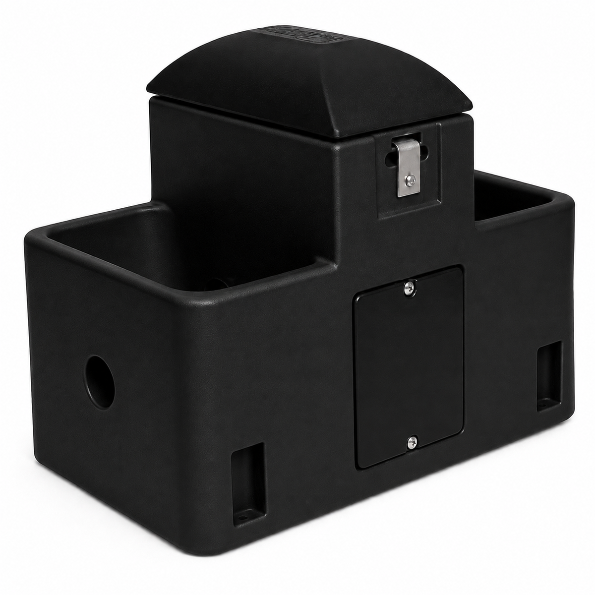 Miraco LilSpring 2700 goat and sheep waterer in black, two trough energy free automatic waterer with black valve compartment lid