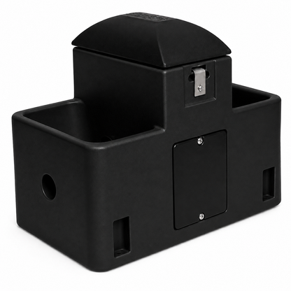 Miraco LilSpring 2700 goat and sheep waterer in black, two trough energy free automatic waterer with black valve compartment lid