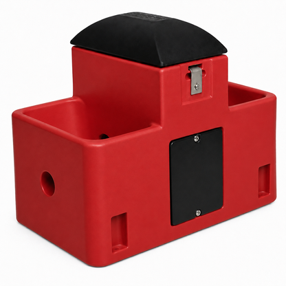 Miraco LilSpring 2700 goat and sheep waterer in red, two trough energy free automatic waterer with black valve compartment lid