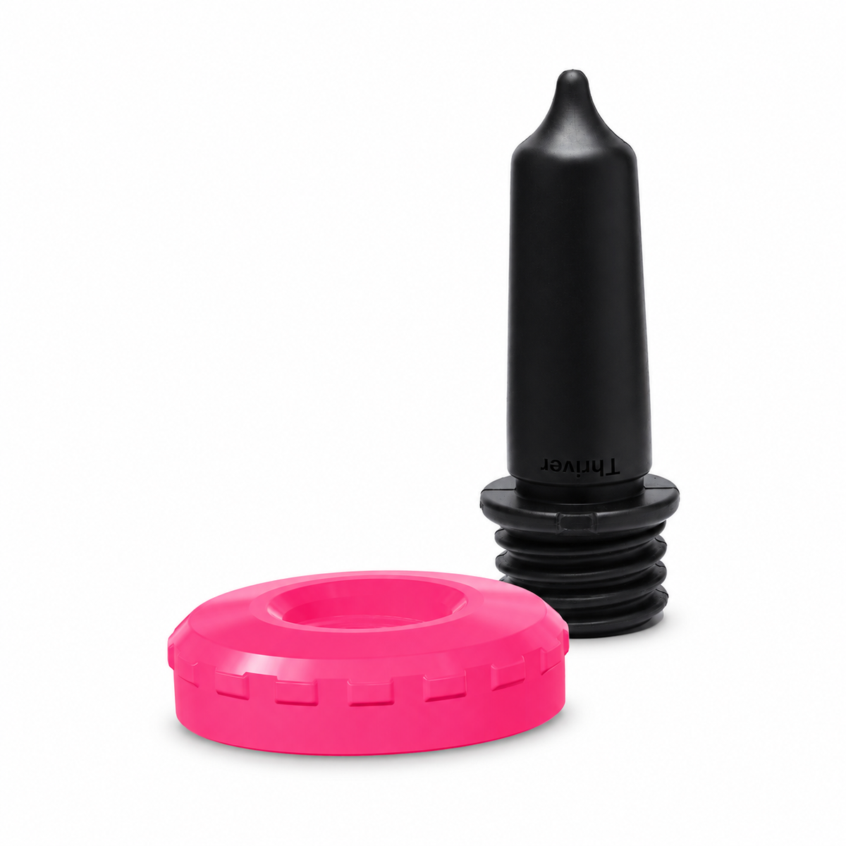 Pink Feeders calf bottle cap assembly with threaded ring and black Thriver calf teat