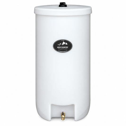High Country Plastics RB-35 round barrel water caddy, 35 gallon translucent tank with a shut off valve