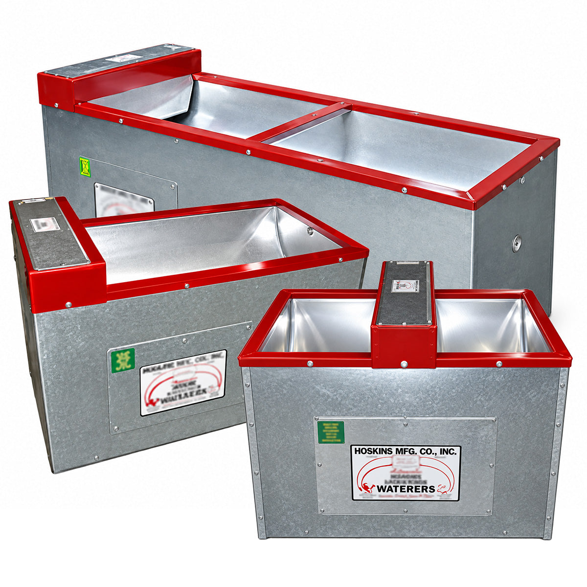 Hoskins automatic cattle waterers, stainless steel tanks in insulated galvanized frames with red trim