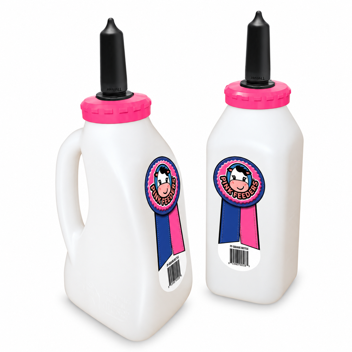 Pink Feeders 2 quart calf nurser bottle with molded handle, cap ring and Thriver teat